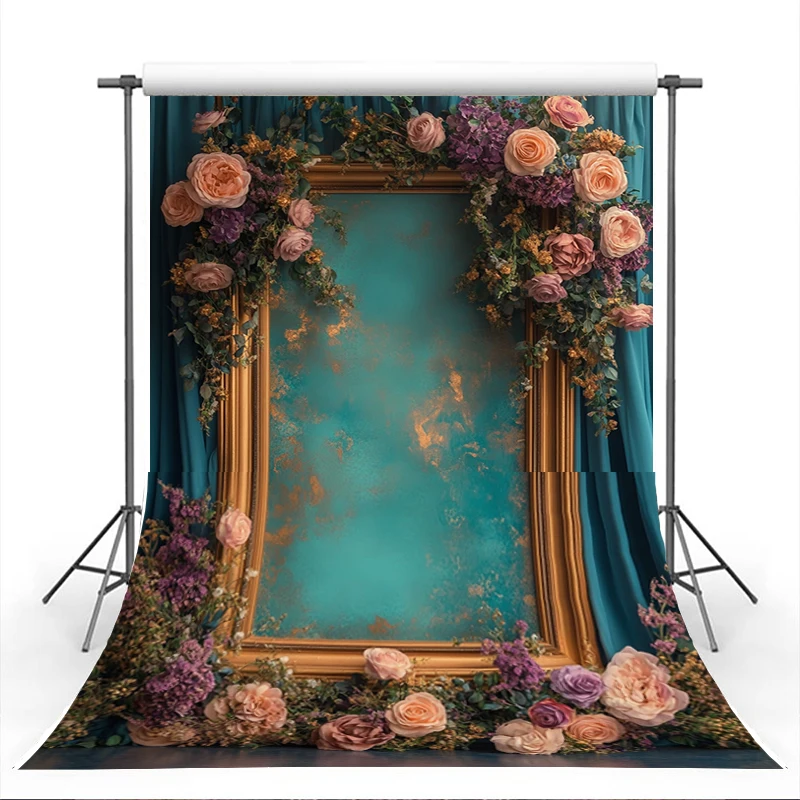 Mocsicka خلفيات التصوير الفوتوغرافي الكلاسيكية الذهب مؤطرة الأزهار الأزرق الستار الخلفيات طفل فتاة عيد ميلاد الأمومة صورة الاستوديو