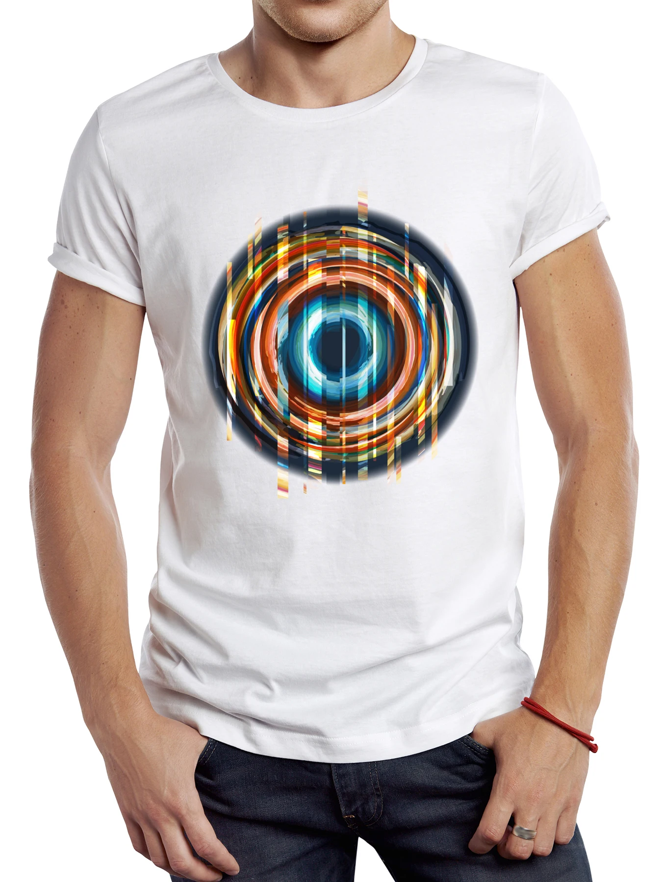 

FPACE Vintage Abstract Circle Glitch Printed Men T Shirt Short Sleeve Casual Geometric T-shirt Sport Tops Graphic Streetwear