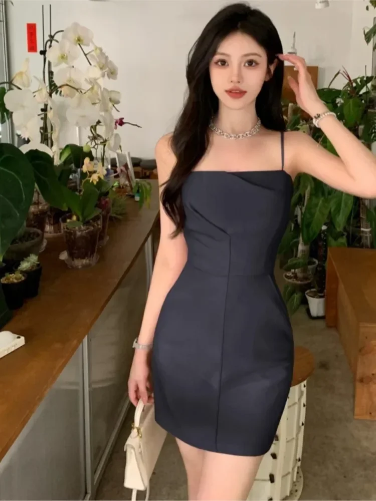 

New Women Midi Dress Summer Spaghetti Strap Solid Pleated Sexy Bodycon Elegant Party Slim One Piece Clothes Vestidos