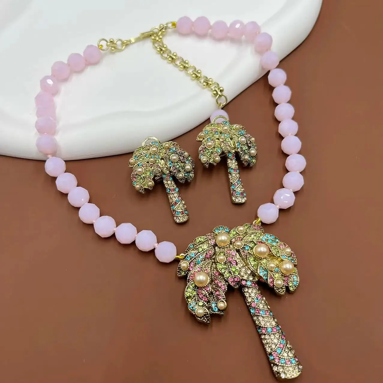 

Винтажные стеклянные бусины, растение, кокосовая пальма, розовые, милые, в стиле ретро, ожерелье со стразами, серьги, комплекты ювелирных изделий для женщин