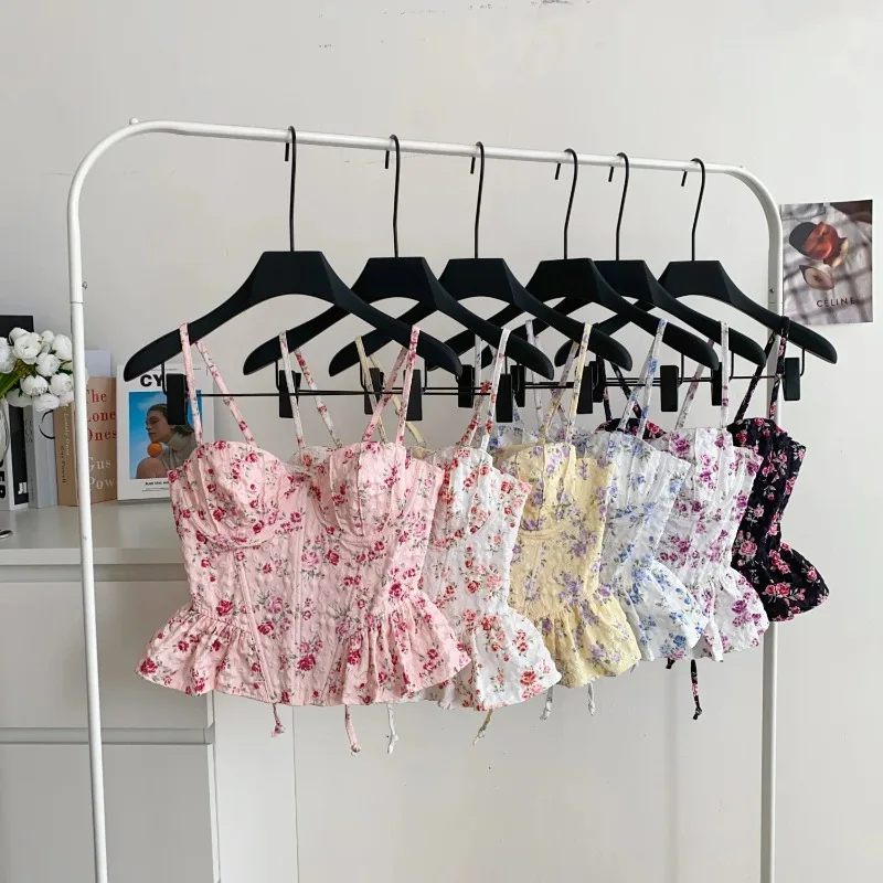 

Французский пляжный топ-корсет с принтом, женский, на бретельках, асимметричный, облегающий, модный, уличный стиль, для отпуска, бохо, сексуальный, мини