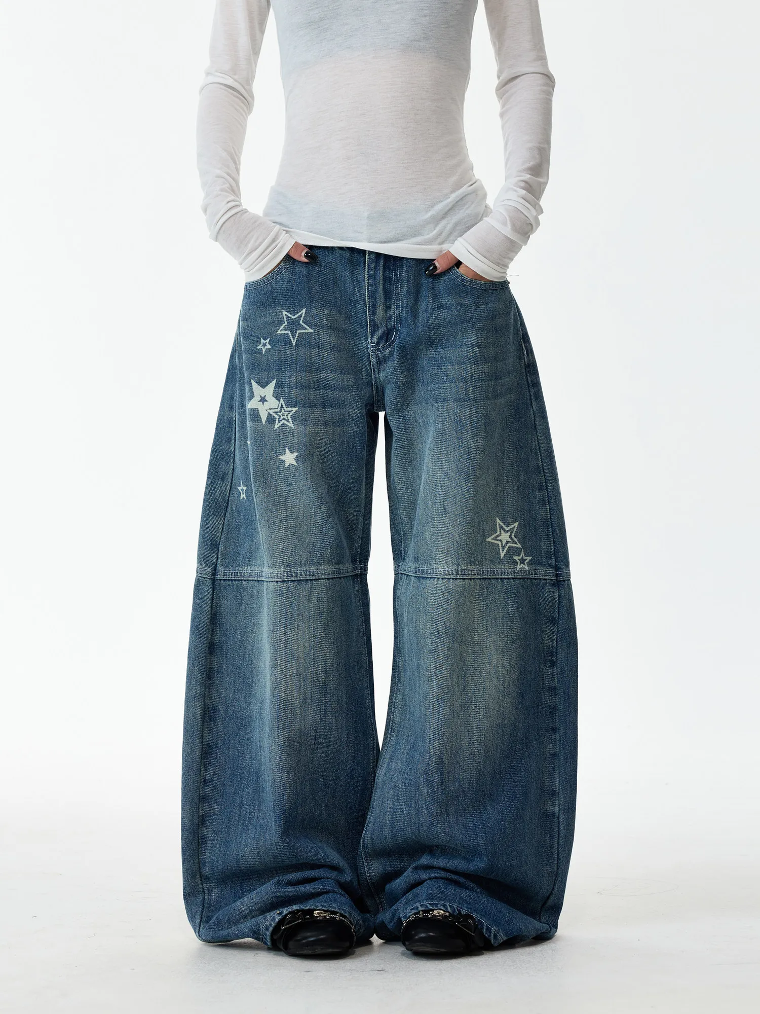American Street Stars Printed Deconstructed Design Jeans Retro Washed Vintage Denim Men's Long Trousers Trendy