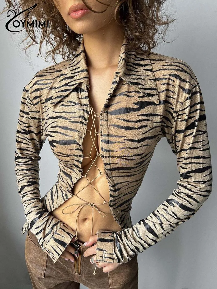 Oymimi Fashion Brown Print Women's Shirt Elegant Turn-Down Collar Long Sleeve Blouses Casual Lace-Up Slim Shirts Female Clothing