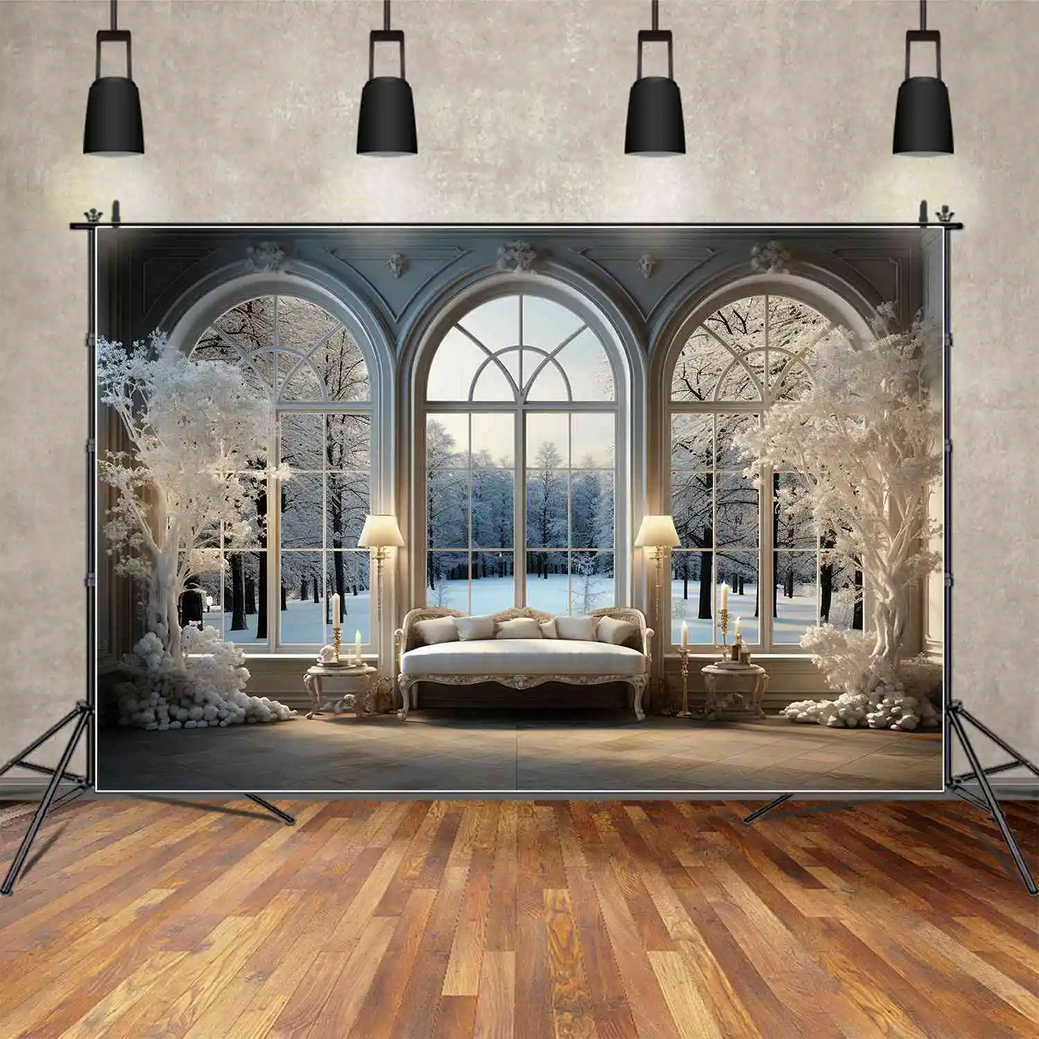 

MOON.QG Backdrop Winter Window Party Decorations Backgrounds Living Room Sofa Blossom Arches Birthday Studio Photo Booth