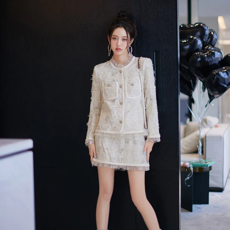 

Autumn Korean Streetwear 2022 Fashion Elegant Ruffles O-neck Beige Jacket and Skirts Two Piece Sets Fall Outfits for Women