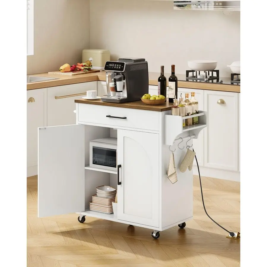 عربة جزيرة مع مساحة تخزين، جزيرة مطبخ مع مخرج طاقة، طاولة مطبخ دوارة مع رف توابل، طاولة خادم بوفيه متنقلة، f