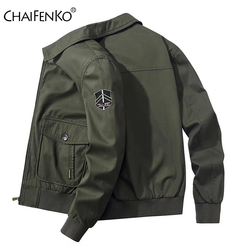 Spring Autumn Solid Color Big Pocket Elastic Force Coat 2024 Outdoors Man Flight Jacket New Pure Cotton Stand Collar Tops Man