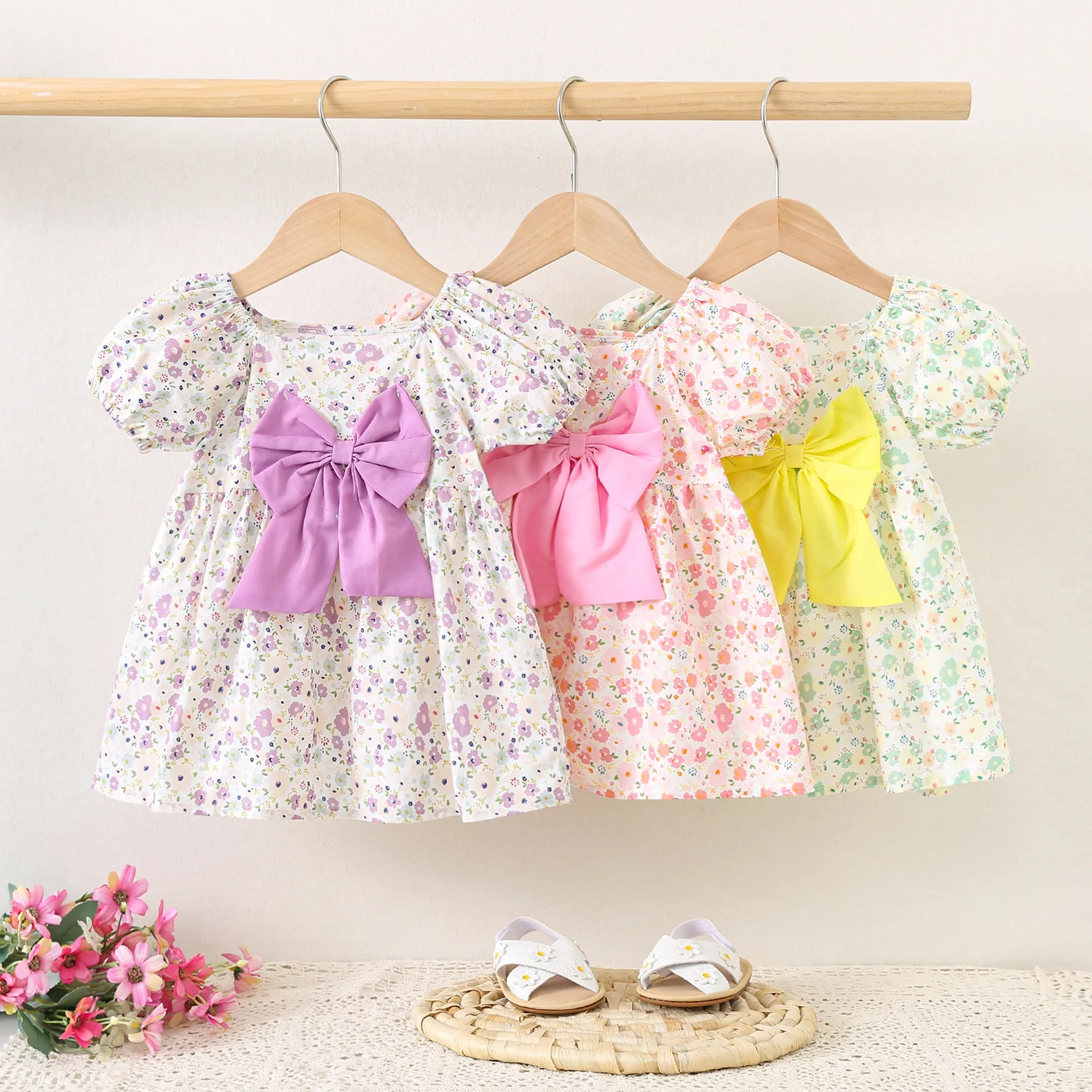 Girls Dresses Summer Cotton Bow Floral Bubble Sleeves Baby Dresses Sweet And Cute Beach Baby Girl Clothing