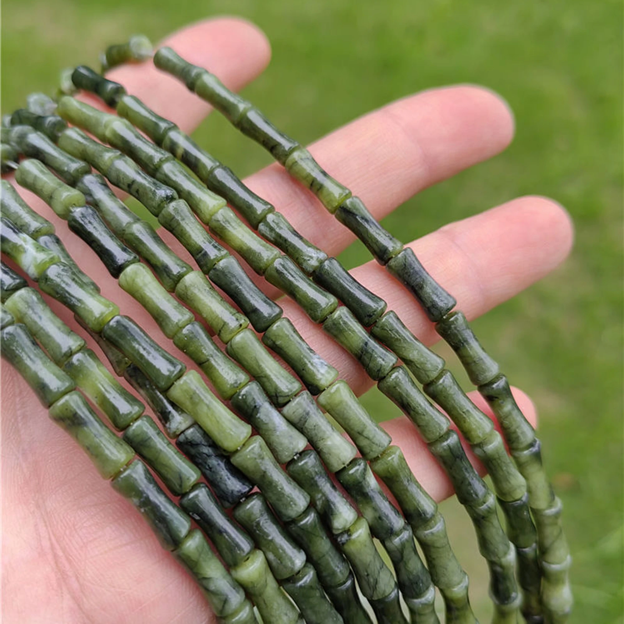 12x5mm Natural Stone Green Jade Bamboo Shape Loose Spacer Beads for Jewelry Making DIY Unique Bracelets Necklace Earrings