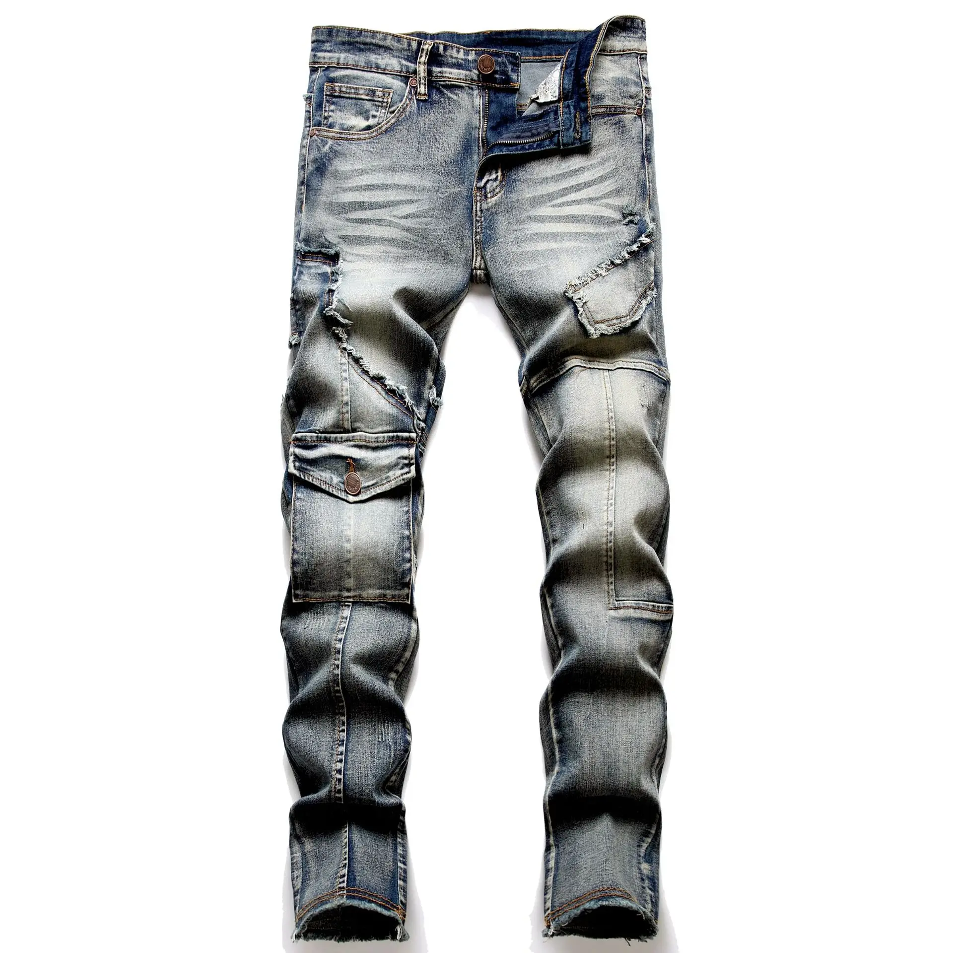 

Straight Pants Men Jeans Vintage Denim Wash Solid Trouser Ankle Length Skinny Spliced 2024 Distressed Moto Biker Slim Fit