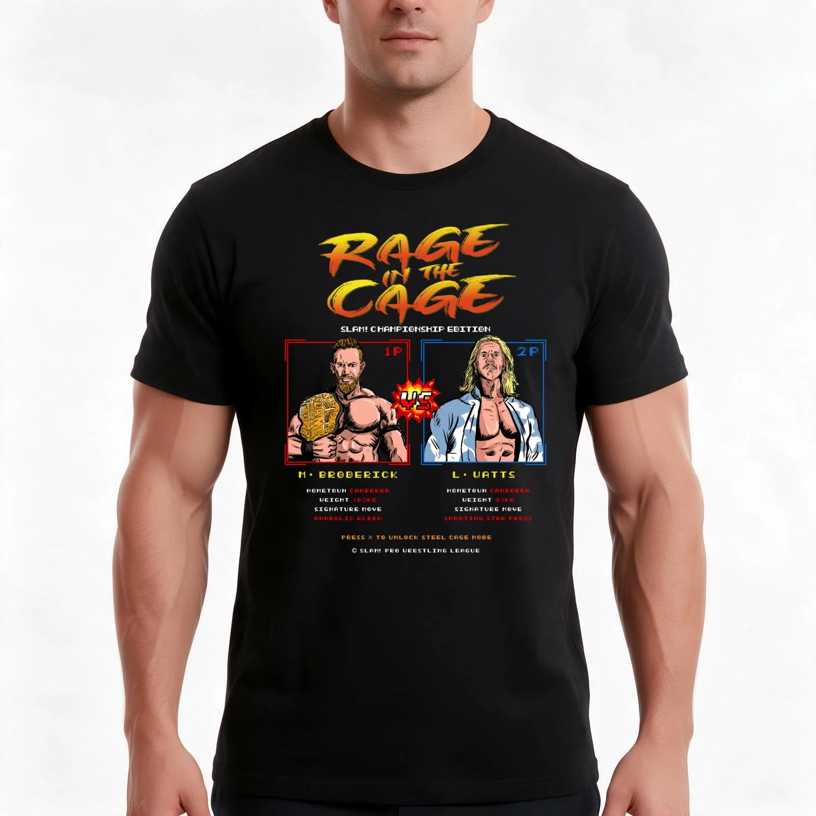 SLAM! Pro Wrestling League Mikey Broderick vs Luke Watts Cage Match T-Shirt, Summer Casual Cotton Tee, Oversized Streetwear Tops