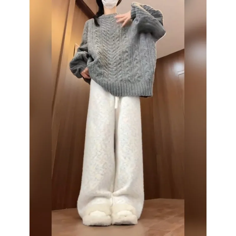 Pantalones de arroz glutinoso blanco para mujer primavera y otoño 2024 nuevo drapeado de cintura alta Casual pequeño forro polar tejido de invierno ancho-Le...