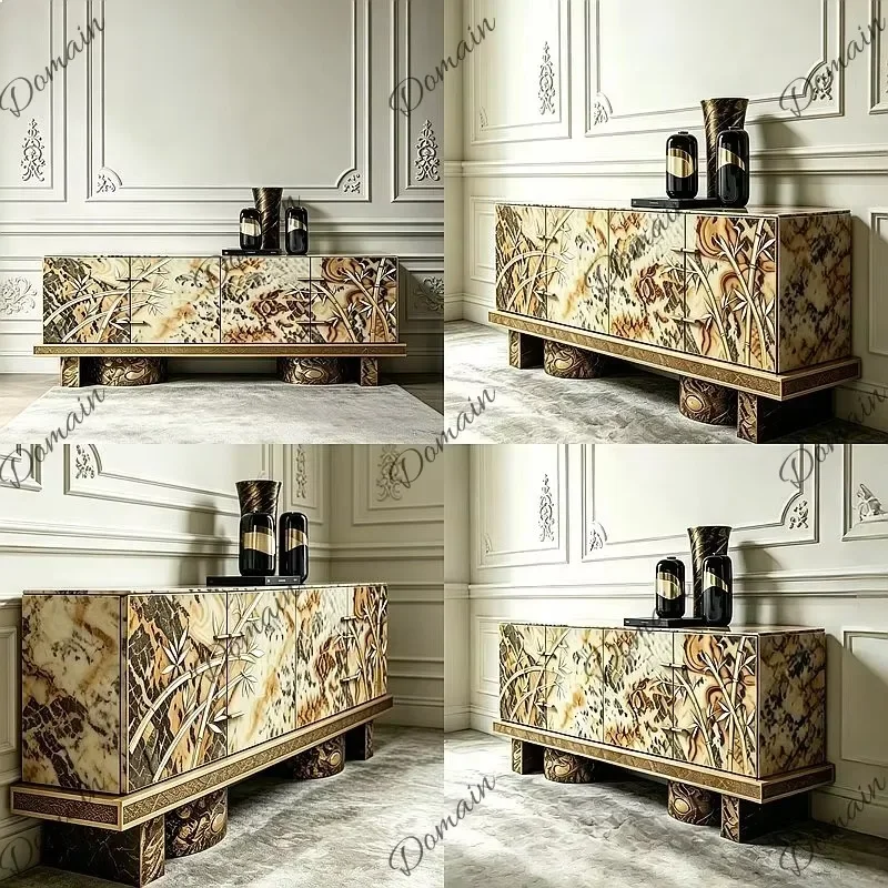 French Medieval Luxury Solid Wood Marble Painted Sideboard Designer Custom Vintage Entryway Cabinet
