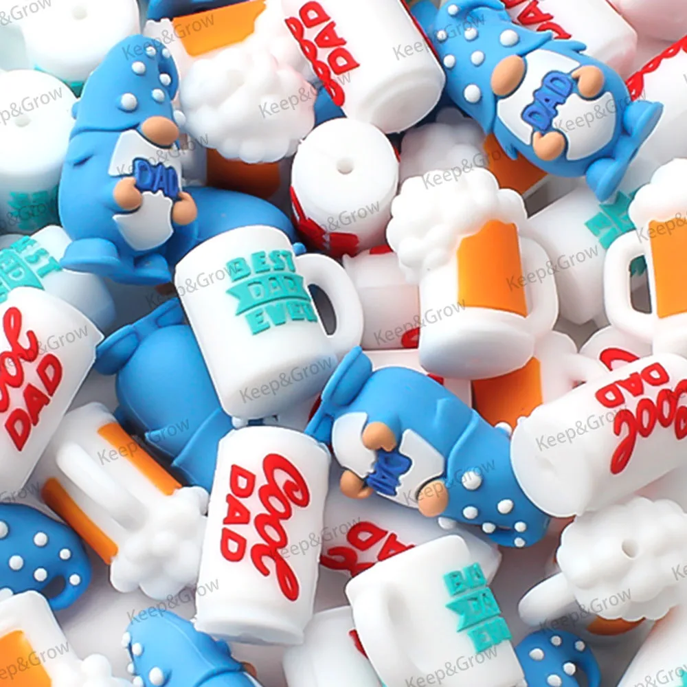5/20/50pcs Dad 3D Silicone Beads Beer Cup Gnome Father's Day Theme Focal Beads Perfect for DIY Keychain Jewelry Making Pen Beade