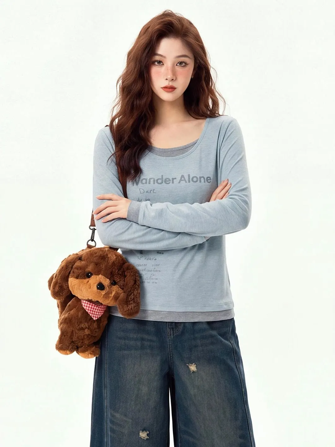 Blue Long Sleeve U-Neck T-Shirt Women's Slim Fit Base Shirt Korean Style Casual Fashion Autumn Top Unique Design Not Repeating