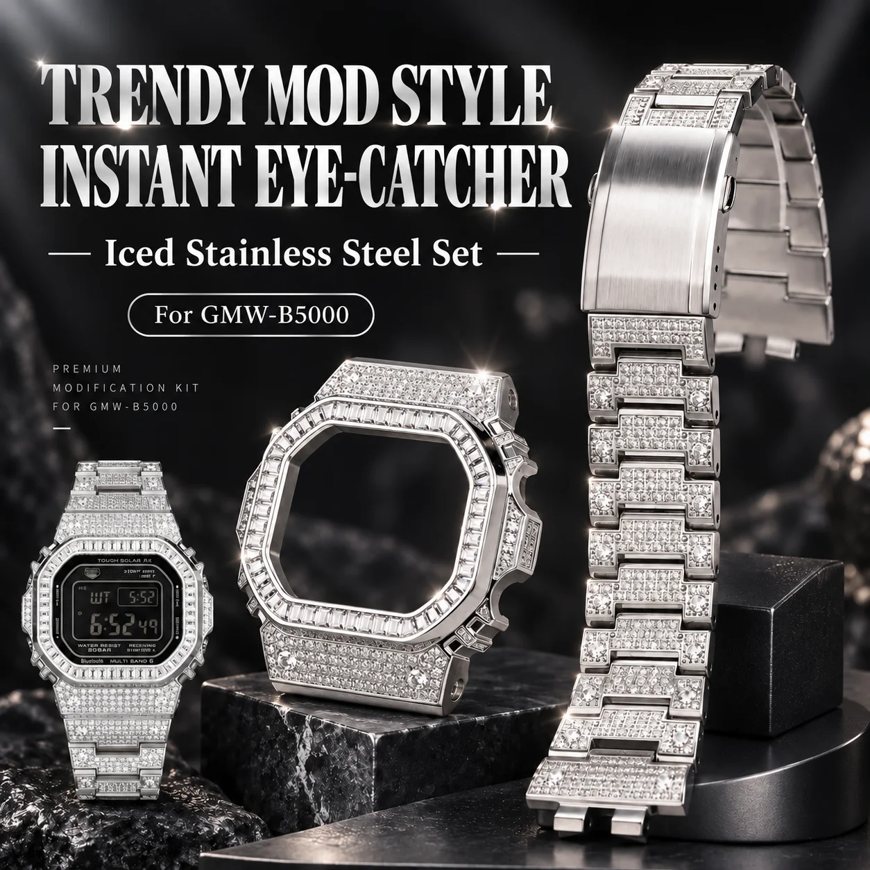 Diamond Inlaid Stainless Steel Full Mod Kit for Casio G-Shock GMW-B5000 Luxury Metal Case Watch Band Upgrade Replacement Set
