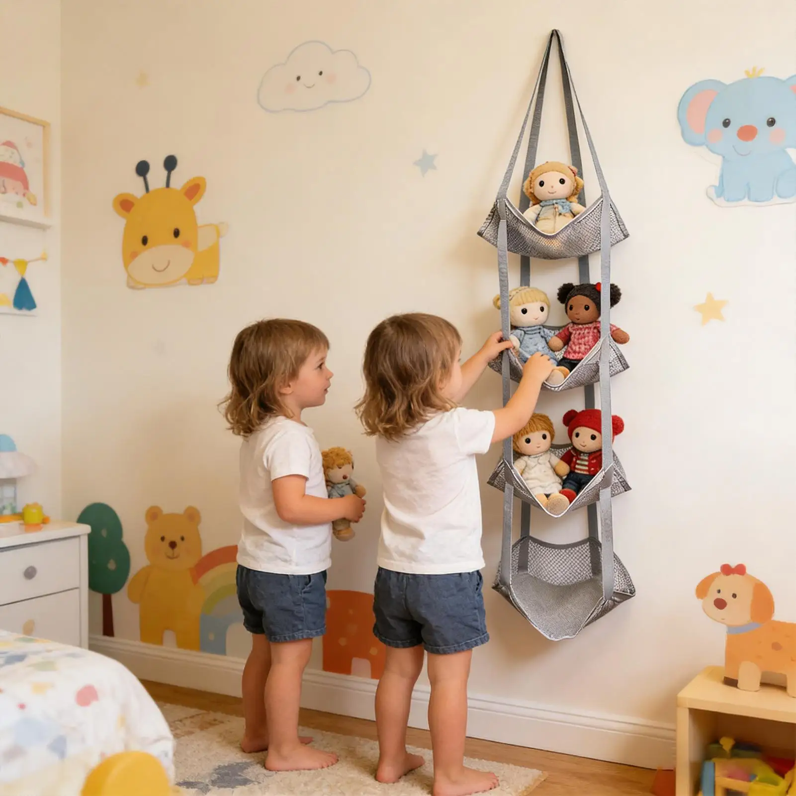 Nets For Stuffed Animals 4-Tier Snack Holder Basket Plush Toy Net For Display Decoration Blanket Sock Bedroom Nursery Playroom