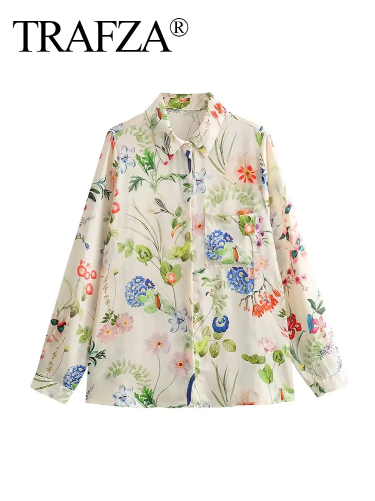 TRAFZA 2024 Women’s Floral Print Shirt Long Sleeves Lapel Female Single-Breasted Blouse Wild Casual Beach Style Woman Shirts Top