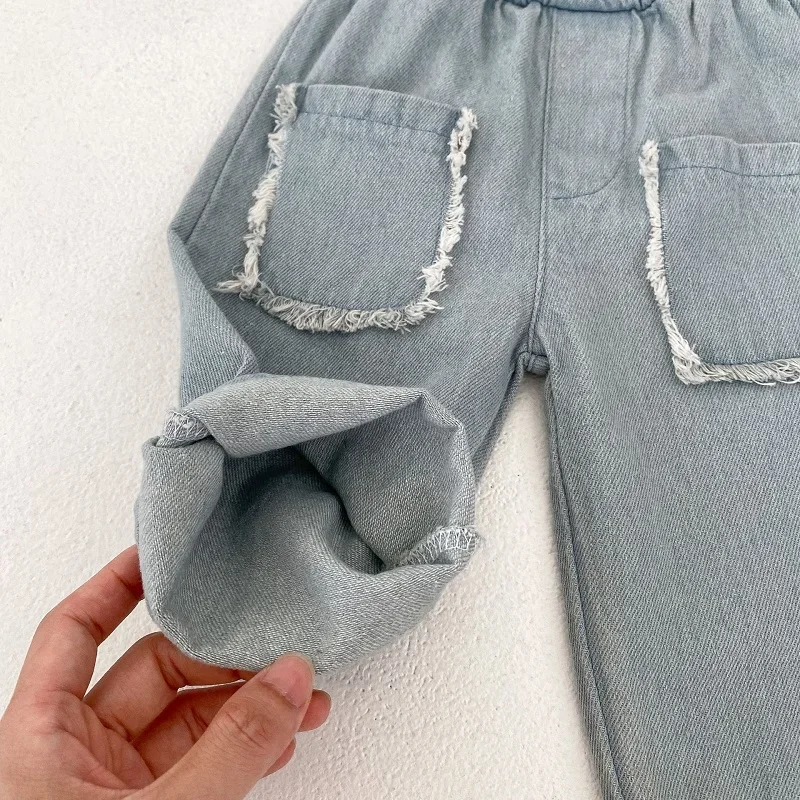 INS Baby Denim Pant 0-3Years Newborn Boy Girl Solid Color Elastic Waist Pocket Soft Jeans Cropped Trouser Bottom Spring Clothes