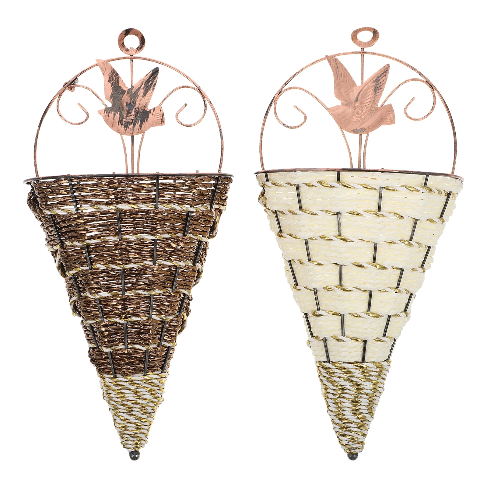 

2Pcs Rattan Wall Hanging Flower Vase Cone Shaped Basket Iron Frame Decorative Baskets Plants Storage Home Office Hotel Gardening