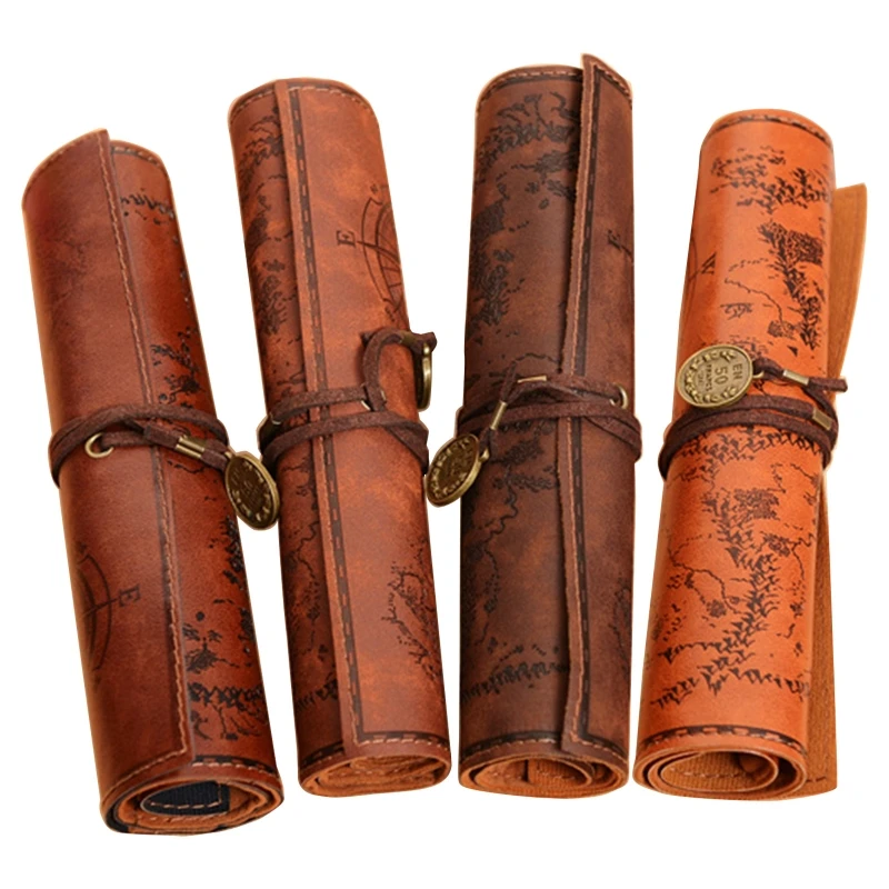 Treasure Map Leather Retro Pencil Pouch Cosmetic Bag Roll Pen Case Stationery