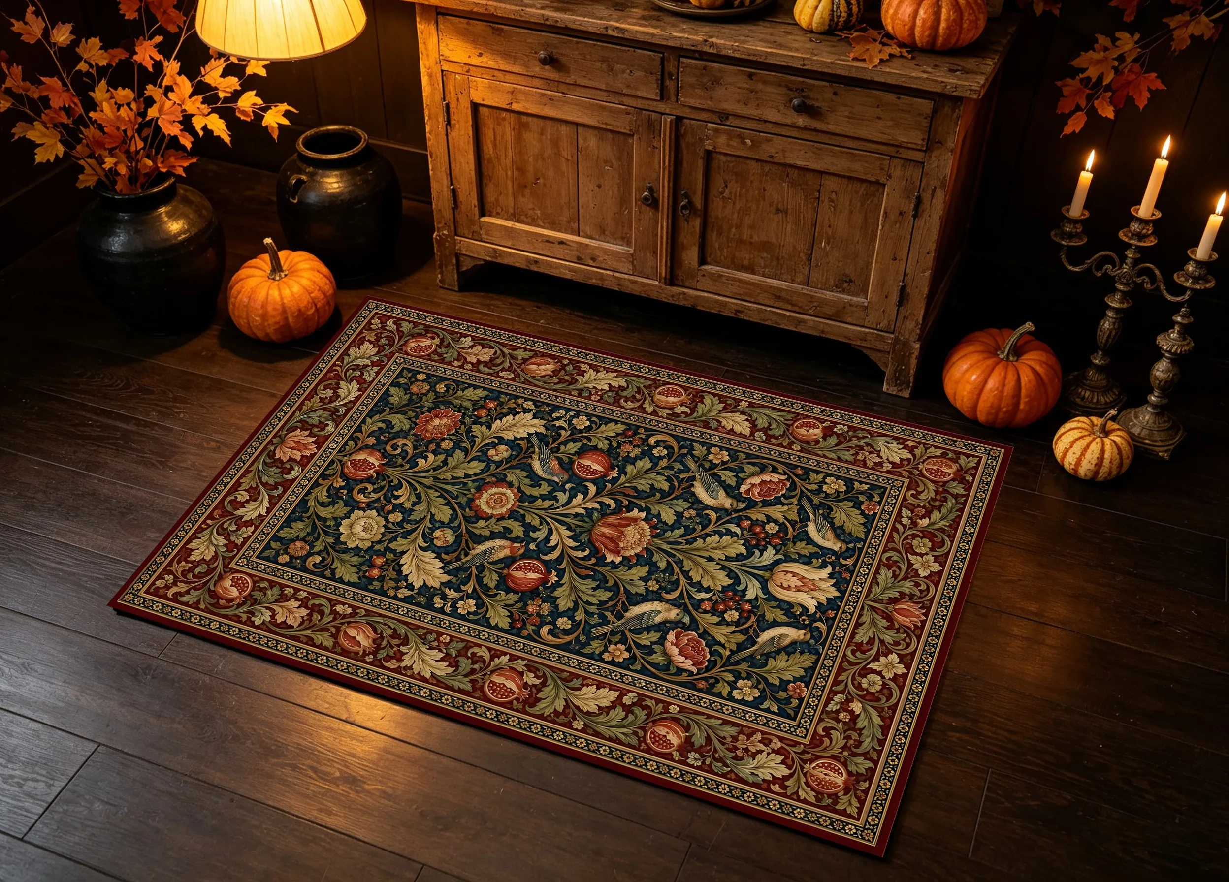 Vintage Pomegranate and Bird Velvet Rug for Home, Living Room, Bedroom and Entryway, Perfect for Christmas and New Year