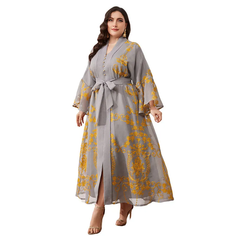 DD23001 ใหม่Türkiye Robe Elegantเย็บปักถักร้อยVคอหลวมชุด