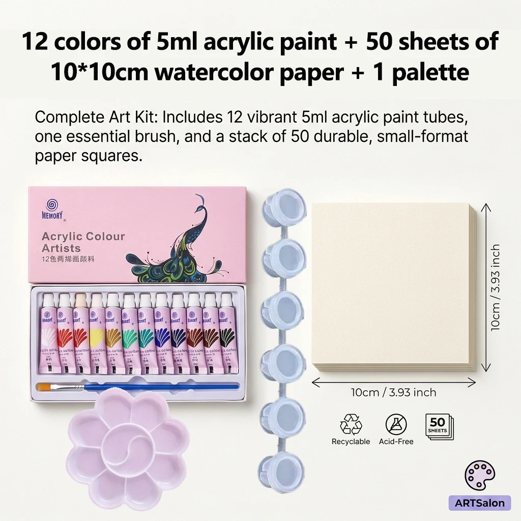 12/24 colors 5ml acrylic painting paints + palette + paint box + 50 sheets of 10*10cm watercolor paper
