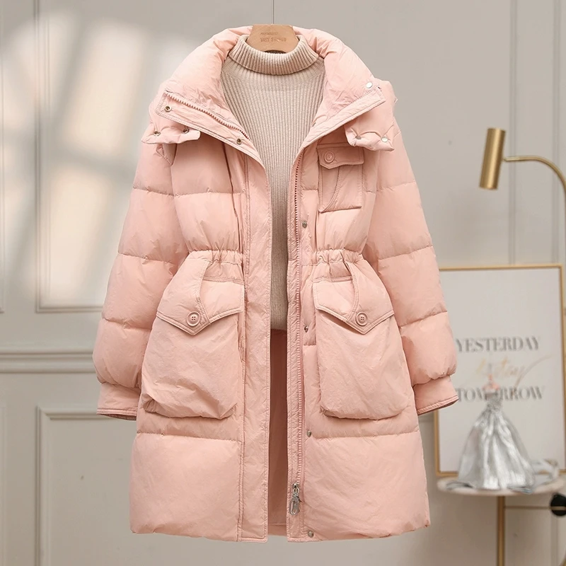 Biała gęsia kurtka puchowa damska średniej długości 2025 nowa zimowa zagęścić wąska modna kurtka z kapturem kobiece ciepłe parki płaszcz