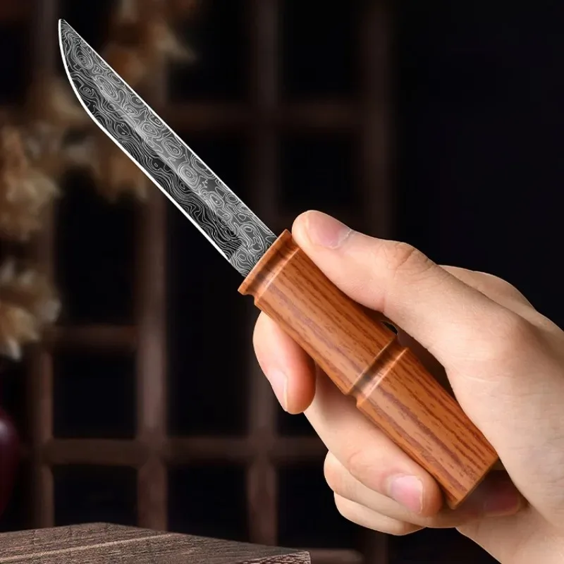 Fruit Knife Folding Portable Mini Knife, Damascus Steel Defense Knife, outdoor Bamboo Pocket Knife