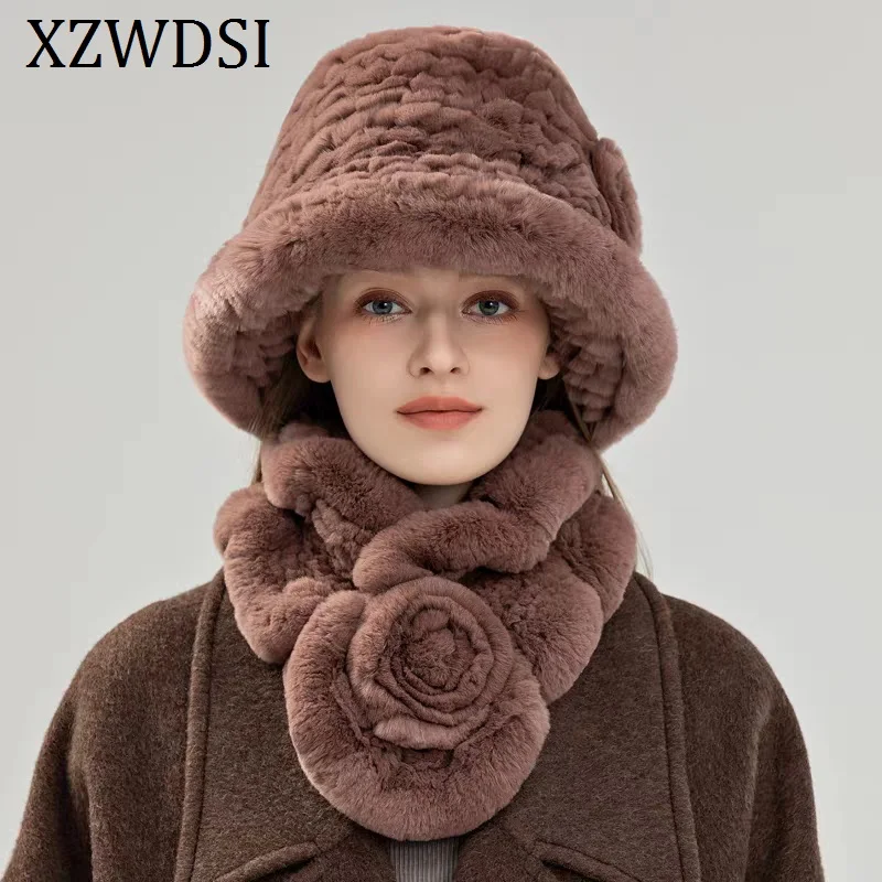 Classic Furry Rabbit Fur Bucket Hats Ruffled Scarves Real Rex Rabbit Fur Hat and Scarf Sets