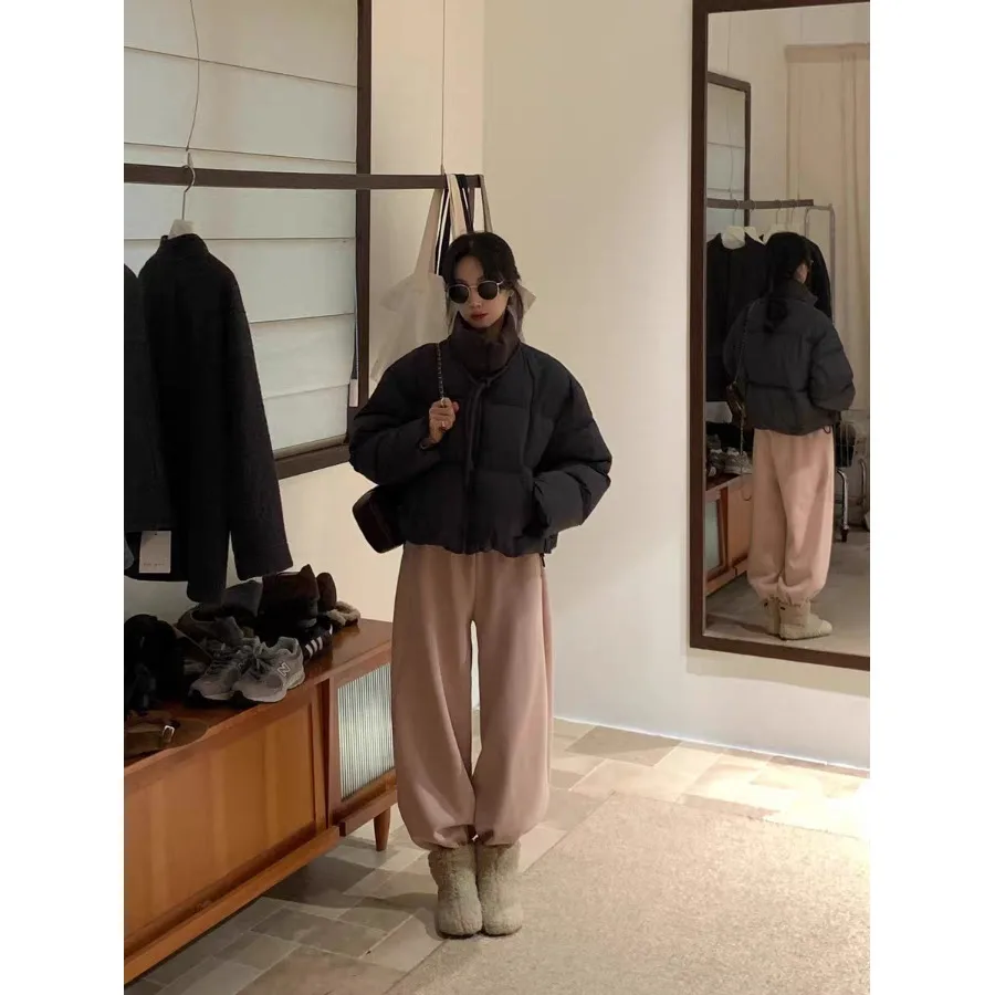 Laid-ba Sle ハイウエスト Dstring ワイドレッグスウェットパンツ女性ルーズ痩身カジュアルパンツロングブレードパンツ綿ウール生地