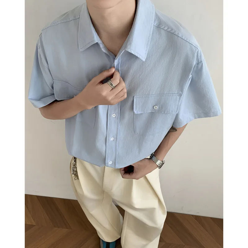 Summer Short Sleeved Shirt Men Pocket Blue Shirt Men Streetwear Korean Loose Casual Shirt Mens Fashion Shirts M-3XL