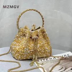 Luxury Designer Shiny Rhinestone Pearl Evening Bag Fashion Trend Women's Wedding Party Clutch Bucket Bag Chain Shoulder Bag