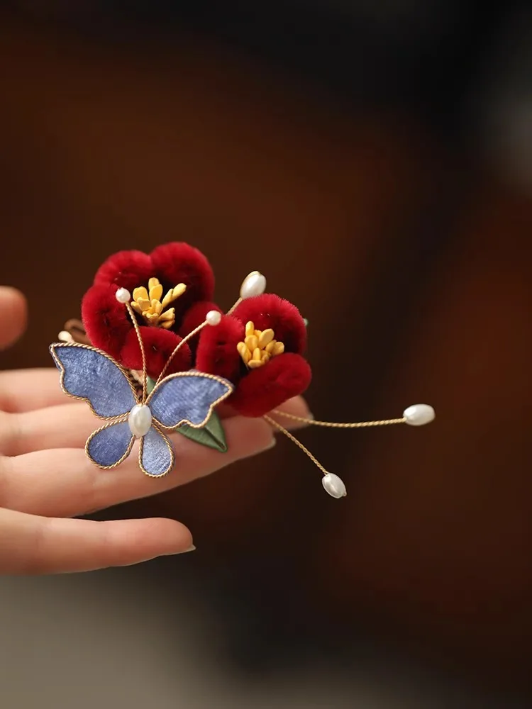 FXLRY Original Handmade Pearl Red Camellia Butterfly Hanfu Hairpin For Women Clip - Image 5