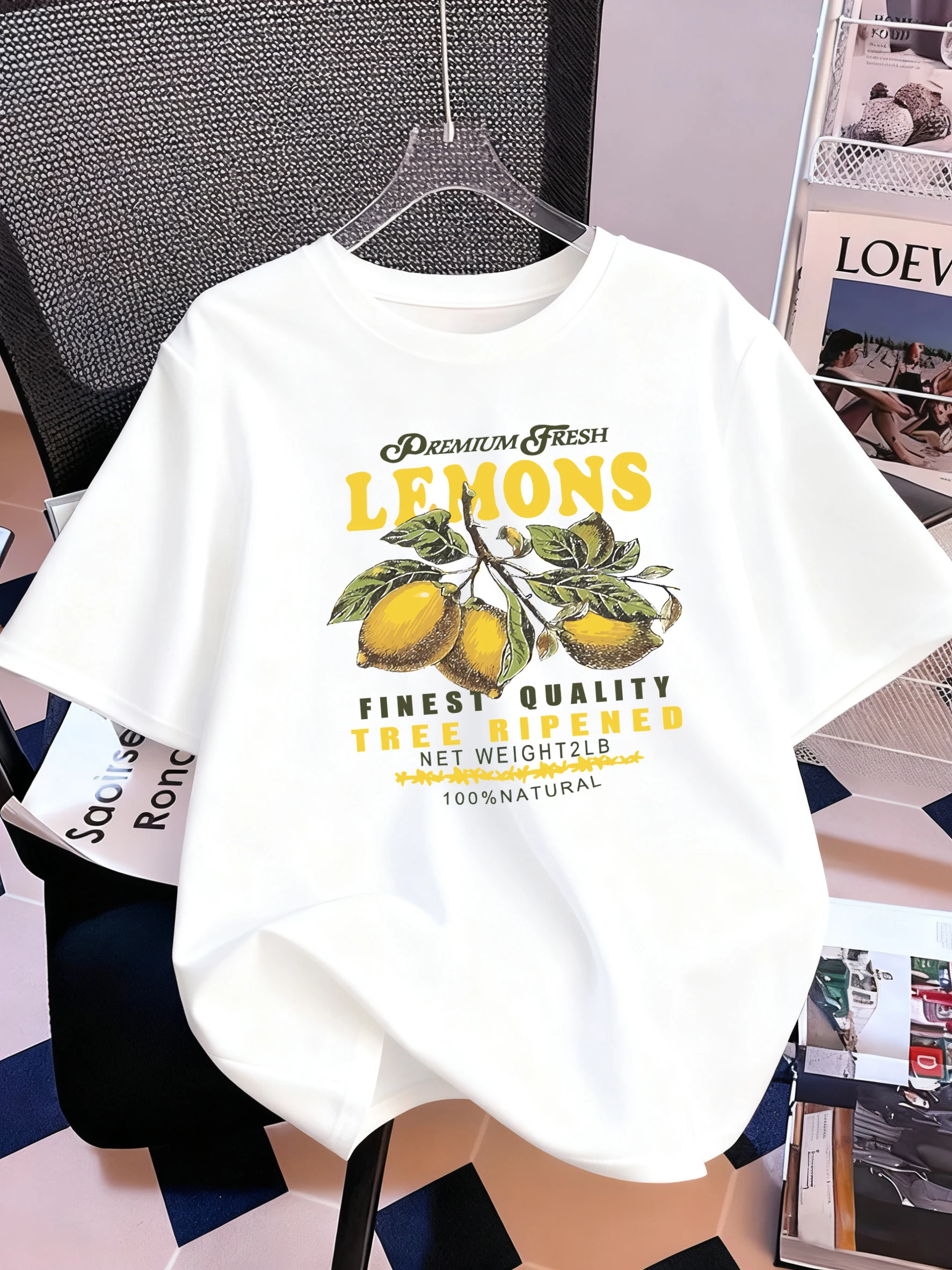 

Premium Fresh Lemons Fruit Print Short Sleeve Women Cotton Y2K Crewneck T-Shirt All-Match Soft Top Summer Oversized T Shirt