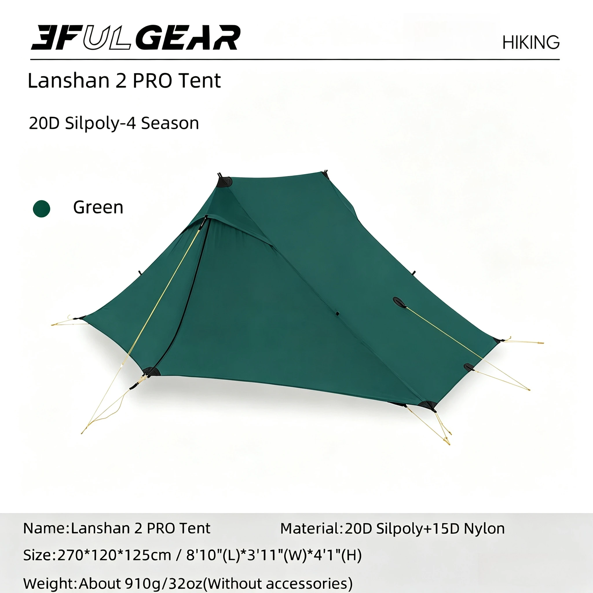 3F UL GEAR 2026 Lanshan 2 Pro, slechts 920 gram, 2-zijdig, 20D Silnylon, lichtgewicht, 2-persoons, 3- en 4-seizoenen, backpack- en kampeertent