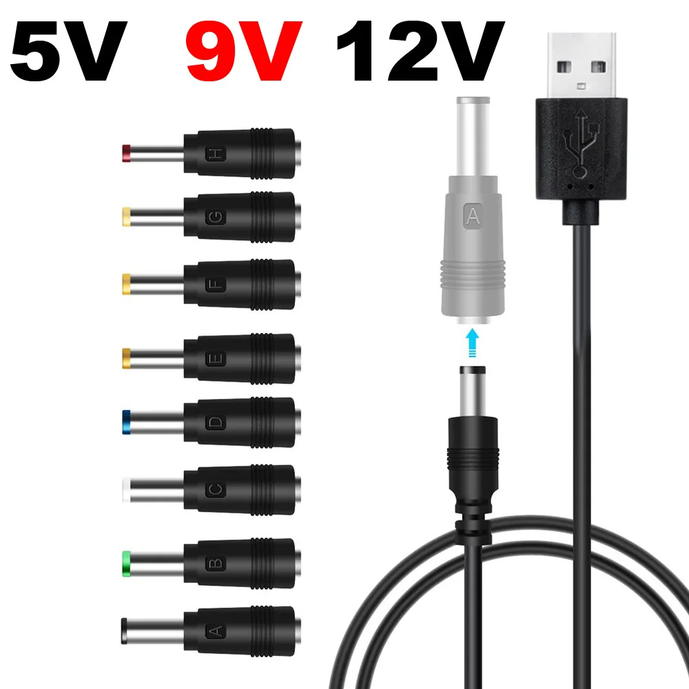NEW 2026 Universal Power 5V 9V 12V Cable USB to DC 5.5 * 2.1mm Jack 5V Charging Cord 8 Connector Tips for CCTV Cameras TV Box