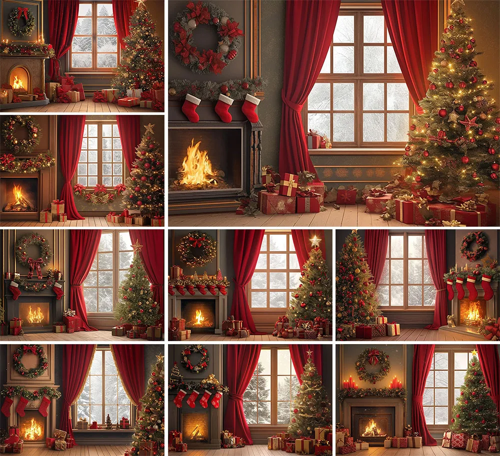 

Mehofond Christmas-themed Photography Backdrop Family Kids Holiday Party Red Curtains Fireplace Window Trees Decor Background