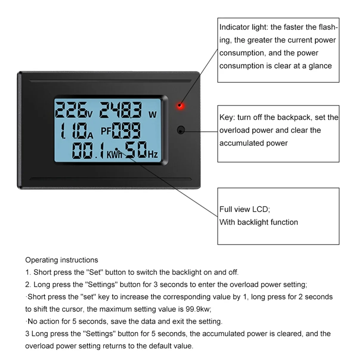 

Цифровой вольтметр переменного тока 100 А, амперметр, многофункциональный тестер 6-в-1, ЖК-дисплей, измеритель напряжения, тока, энергии, Ваттметр