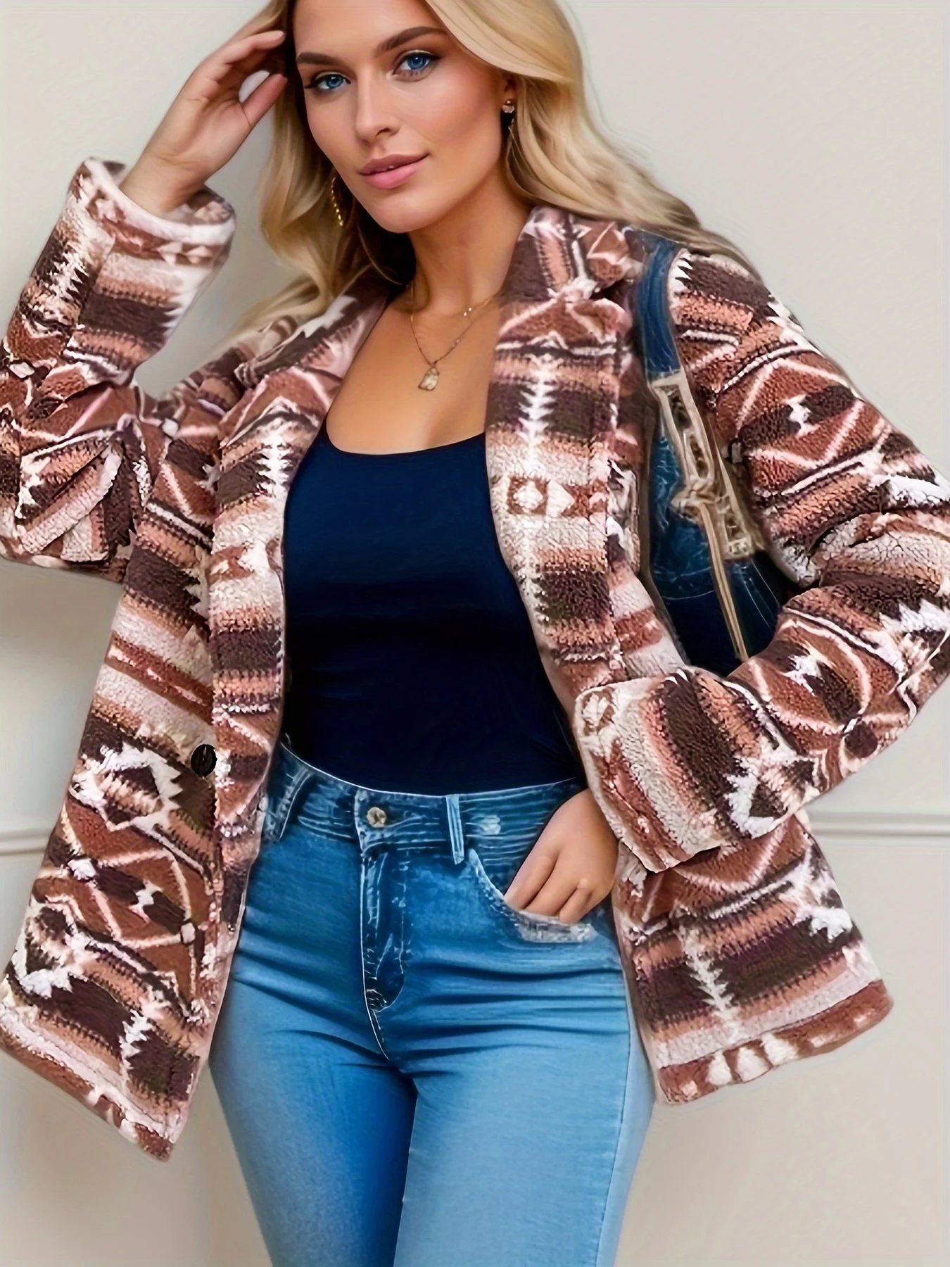 Fashion  A Aztec teddy coat, casual warmth without buttons, stylish long-sleeved warmth  Fluffy coat, women\'s wear