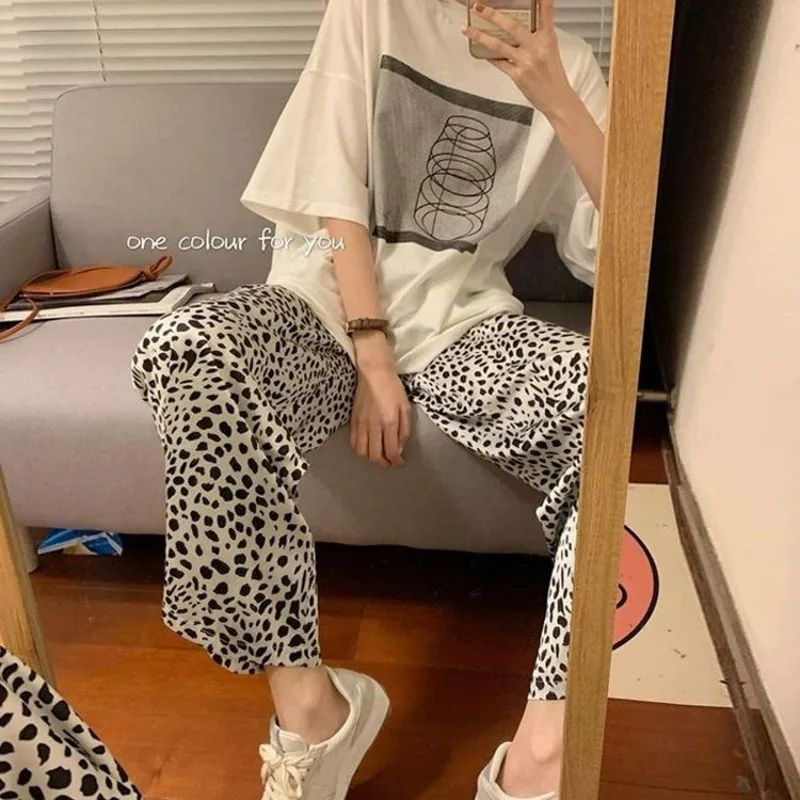 Leopard Pajamas Pants for Women Sleep Sleepwear Korean Style Summer Ankle Length Bottoms Home Elastic Waist Room Sleeping Wear