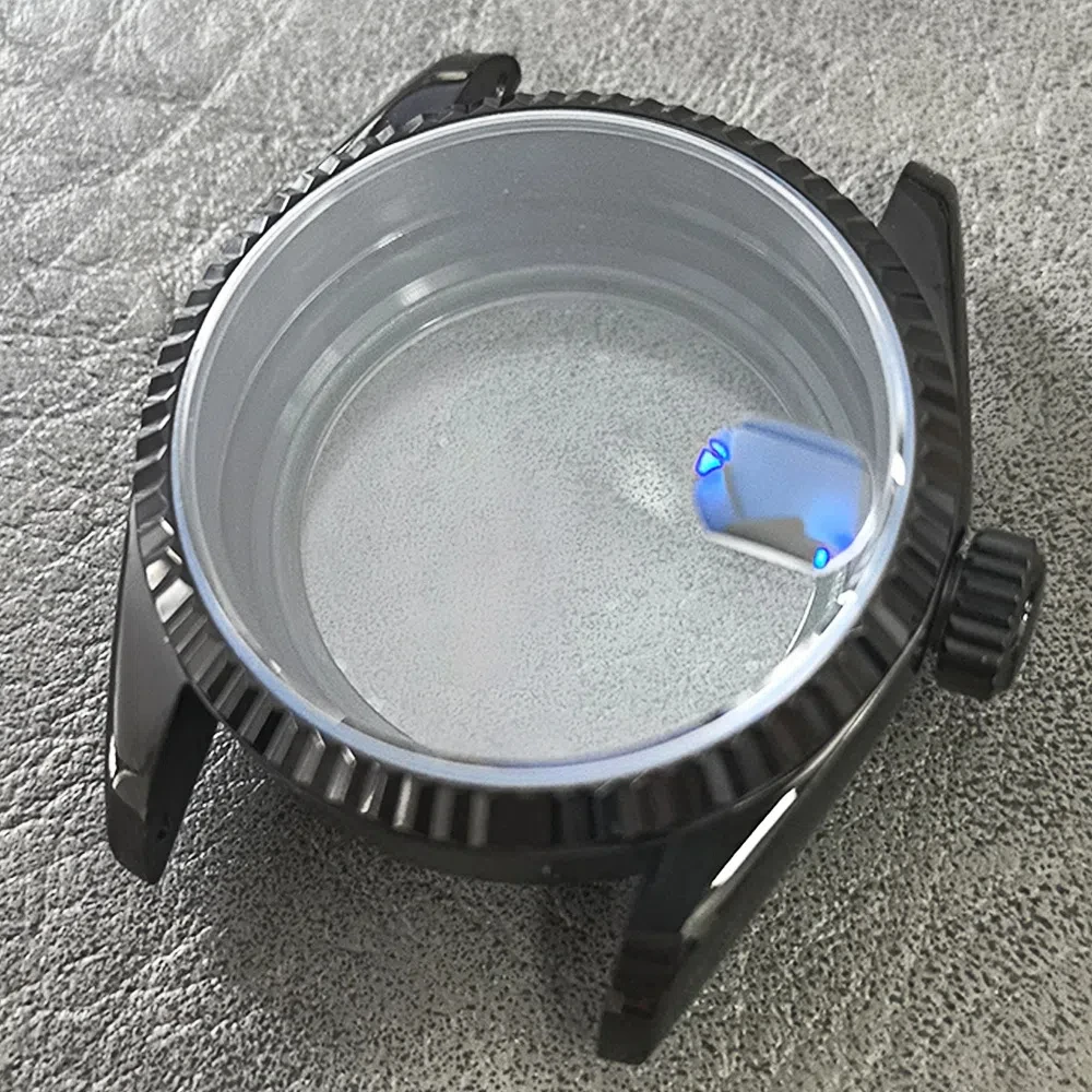 Cassa per orologio in acciaio inossidabile lucido da 36 mm per movimento NH35/NH36, vetro per orologio in cristallo di zaffiro da 28,5 mm e accessori per quadrante