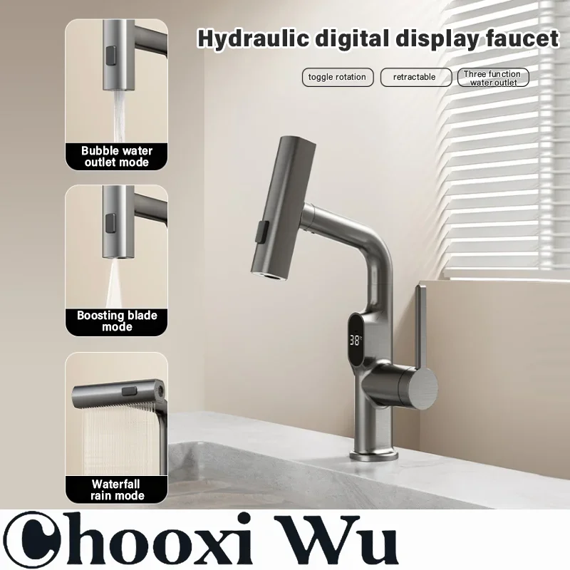 

CHOOXIWU Smart LED Display Multi-Functional Waterfall Basin Faucet 4-Mode Mixer Tap Pull-Out Nozzle for Bathroom & Kitchen Sink