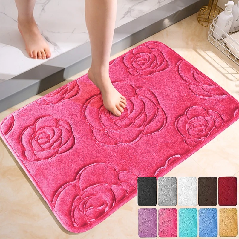 Rose Coral Fleece Bath Floor Mat Soft Absorbent Machine Washable Carpet Shower Doormat Bathroom Rug Quick Dry Non-Slip Area Mat