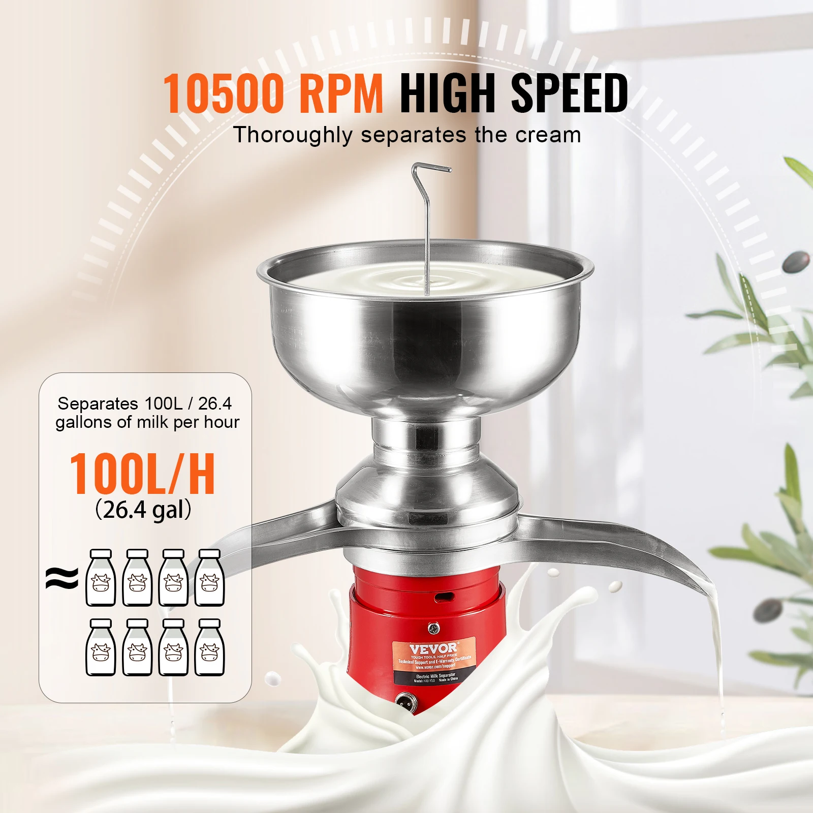 VEVOR Separador Centrífugo para Crema de Leche Roja, Máquina Separadora de Nata Eléctrica Acero Inoxidable 304 100 L/H 10500 RPM, Espumador Centrífugo para Postres de Queso Crema 30 W, 100-240 V