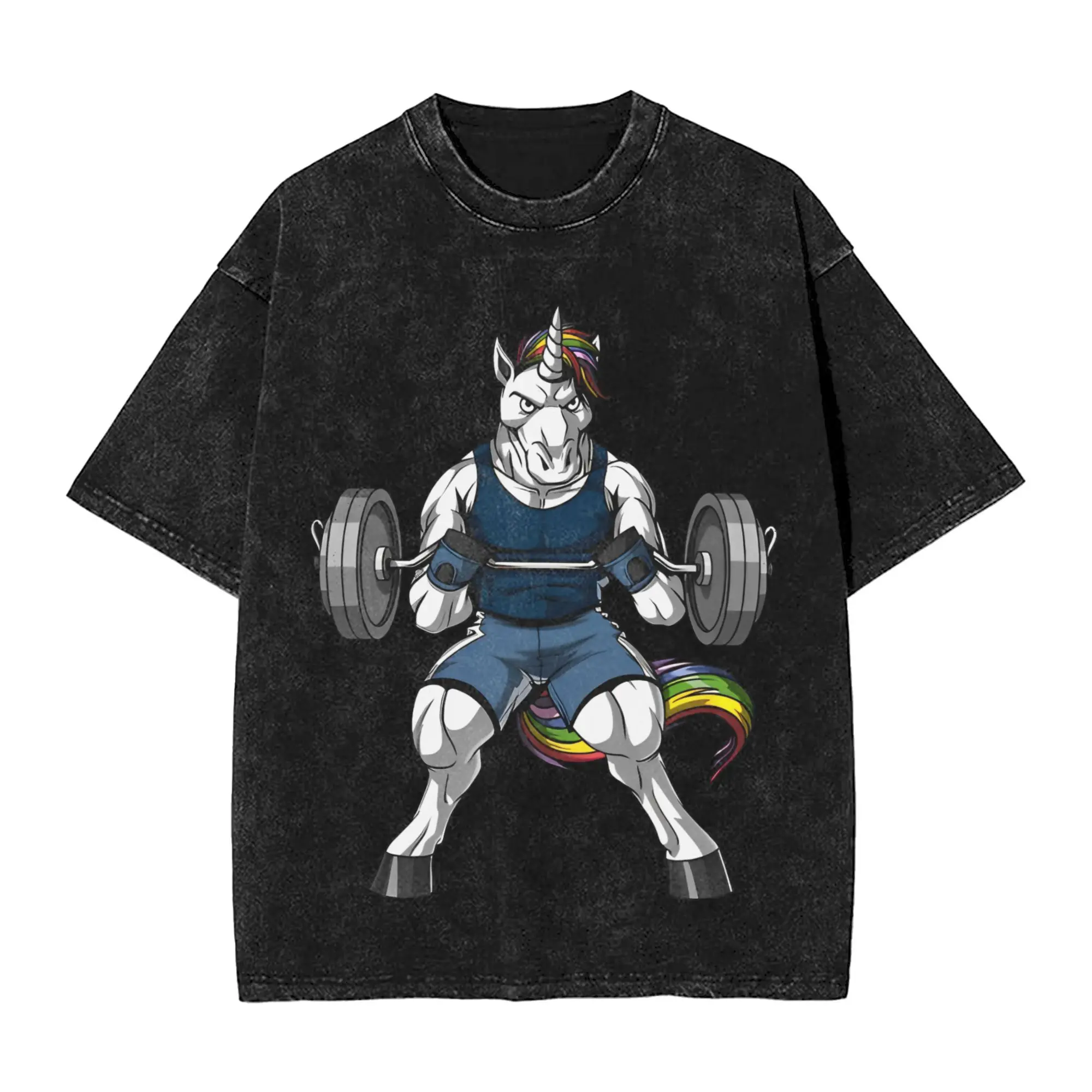 

Fashion Fitness Unicorn T-Shirt Men Round Collar Cotton Washed T Shirts Short Sleeve Tee Shirt Printed Clothes