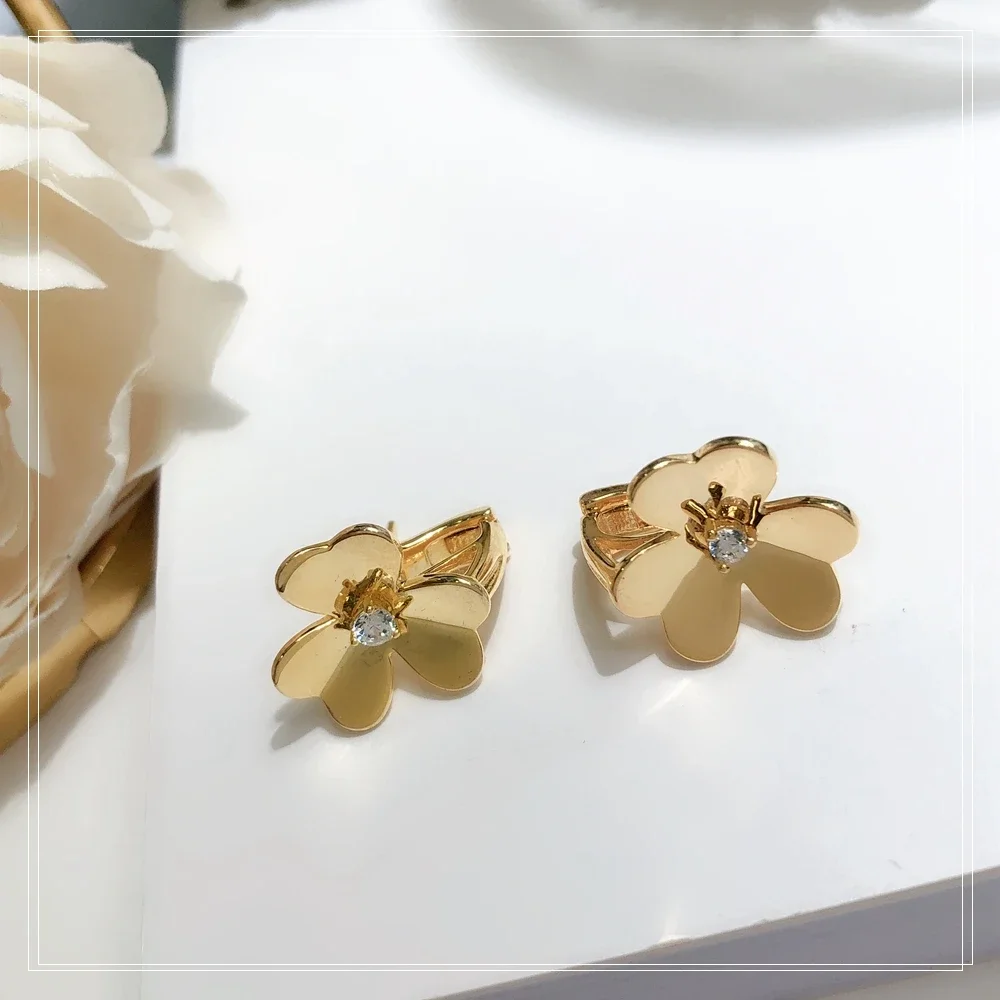 Luxury Brand S925 Sterling Silver Back Clip Earring Plating 18K Gold Flower Frivoles Stud Earrings Fashion Clover  Aretes Mujer