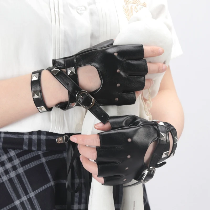 Damskie czarne rękawiczki bez palców seksowna z wiązaniami rękawiczki z nitem z osobowościową klamrą paski Punk Gothic Lolita Cosplay z rękawiczkami