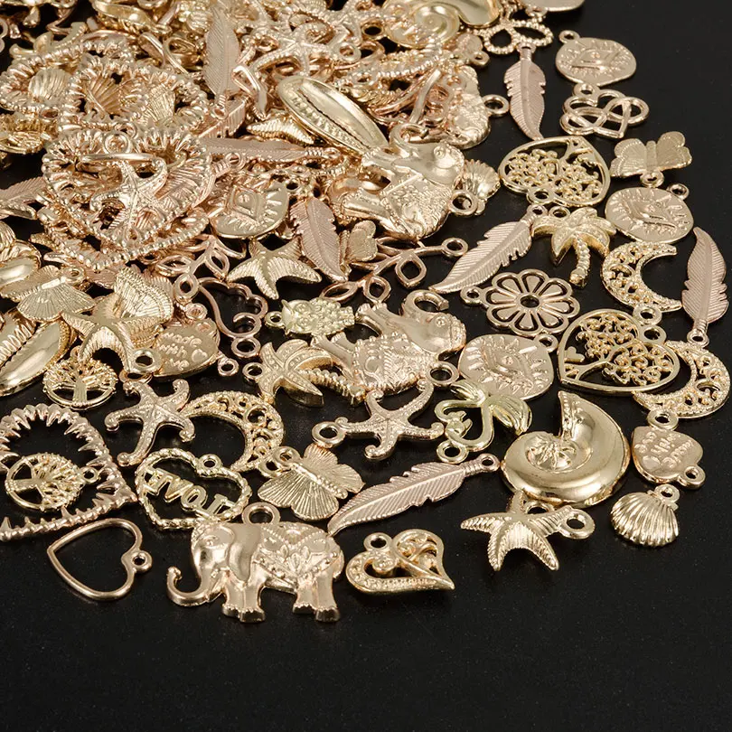 10-100pcs/lot Mixed Random KC Gold Color Sea Animals Shells Conch Starfish Flowers Leaves Moon Pendants Jewelry Finding Necklace